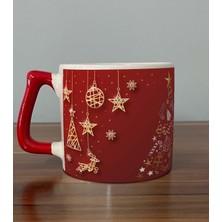 Mor Mürekkep Çam Ağacı Süsleri Baskılı Kırmızı Kulplu D Yılbaşı Kupası