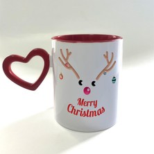 Mor Mürekkep Merry Christmas Geyik Baskılı Boş Kalp Kulplu Içi Kırmızı Yılbaşı Kupası