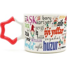 Mor Mürekkep Dilekler Baskılı Kırmızı Kulplu Yıldız Yılbaşı Kupası