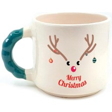 Mor Mürekkep Merry Christmas Geyik Baskılı Yeşil Kulplu Boncuk Yılbaşı Kupası