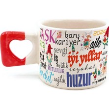 Mor Mürekkep Dilekler Baskılı Kırmızı Kulplu Kalp Yılbaşı Kupası