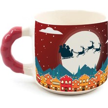 Mor Mürekkep Yılbaşı Gecesi Kızak ve Geyikleri Baskılı Kırmızı Kulplu Boncuk Yılbaşı Kupası