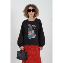 Zelish My Sister Siyah  Warm Wishes Baskılı Sweatshirt