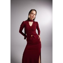 Holly Lolly Şal Yaka Detaylı Serre Bluz Bordo