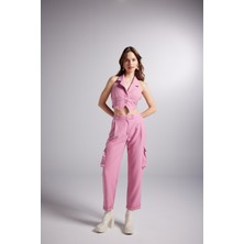 Holly Lolly Yüksek Bel Çizgili Kargo Cep Kira Pantolon Pembe