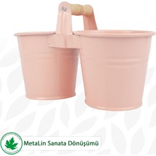 Lin Metal İkili Saksı, Tahta Kulplu İkili Dopel Metal Saksı ve Çiçeklik LN5412D