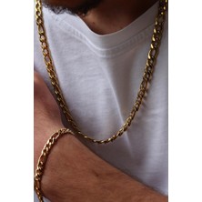 Gold Figaro 3e1 Çelik Erkek Bileklik ve Kolye Zincir Set ack06srs