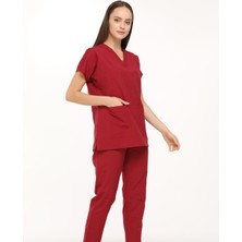 Medinila Bordo Likralı Doktor Hemşire Cerrahi Scrubs Kadın Forma Takımı