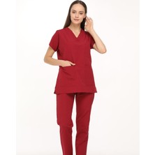 Medinila Bordo Likralı Doktor Hemşire Cerrahi Scrubs Kadın Forma Takımı