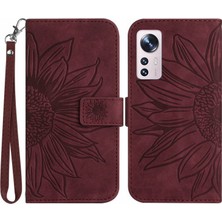 4U Sky Xiaomi 12 Pro 5g/12 Pro (Boyutluk) 5G/12S Pro 5g HT04 Baskılı Ayçiçeği Cüzdan Kılıf Cilt Deri Deri Stand Telefon Kapağı Strap-Wine Red ile (Yurt Dışından)