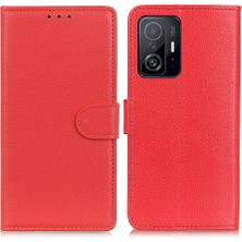 4U Sky Klasik Litchi Doku Anti-Drop Anti-Shock Cüzdanı Stand Deri Telefon Kılıfı Xiaomi 11T/11T Pro-Kırmızı (Yurt Dışından)