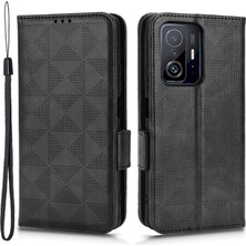 4U Sky Xiaomi 11T Pro 5G/11T Için 5g Telefon Kılıfı Tam Koruma Üçgen Deseni Baskılı Flip Cüzdan Stand Pu Deri Kapak Strap-Black (Yurt Dışından)