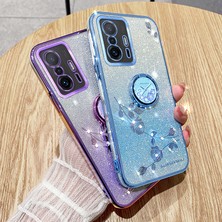 4U Sky Xiaomi 11T 5G/11T Pro 5g Tpu Telefon Kılıfı Kickstand-Blue ile Rhinestone Çiçek Telefon Kapağı (Yurt Dışından)