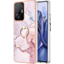 4U Sky Xiaomi Için 11T/11T Pro Marble Desen Damlası Önleme Imd Tpu Kılıf Döner Halka Kickstand Elektrokaplama Çerçevesi Telefon Kapak Golü 005 (Yurt Dışından)