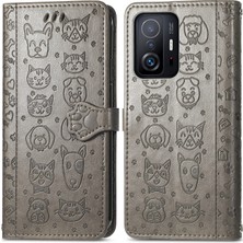 4U Sky Kedi Köpek Deseni Pu Deri Deri Flip Folio Cüzdan Kılıfı Stand Şok Geçirmez Tpu Iç Kabuk Telefon Kapağı Xiaomi 11T/11T Pro-Grey Için (Yurt Dışından)