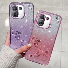 4U Sky Xiaomi Mi 11 Pro-Gradyan Geri Plote Rhinestone Çiçek Şok Geçirmez Telefon Kılıfı Tpu Kapak-Blue (Yurt Dışından)