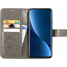 4U Sky Xiaomi 12 Pro 5g/12 Pro (Boyut) Için 5G/12S Pro 5g Dört Yapraklı Yonca Desen Baskılı Stand Pu Deri Telefon Cüzdan Kapak-Grey (Yurt Dışından)