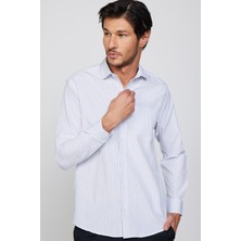 Tudors Erkek Regular Fit Klasik Kesim Tek Cepli Çizgili Beyaz İtalyan Yaka Gömlek