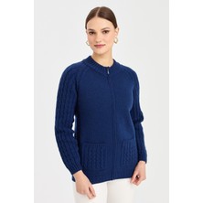 Desen Triko Kadın Dik Yaka Cebi ve Kolu Saç Örgü Yün Ceket Indigo