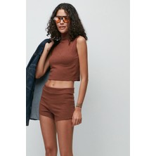 Fitilli Balıkçı Yaka Kolsuz T-Shirt Şort Takım 9134 Kahve