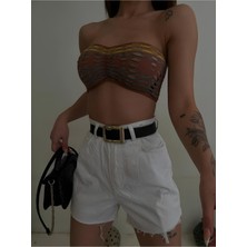 Ceyss Design Ince Kumaş Mini Lazer Kesim Yüksek Bel Kot Şort