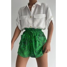 Ceyss Design Zebra Desenli Çift Cepli Bol Kesim Yüksek Bel Benetton Yeşili Şort
