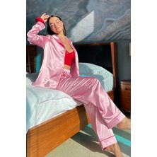 For You Sleepwear 5'li Bustiyerli Biyeli Pembe Saten Pijama Takımı