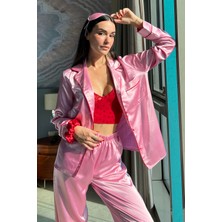 For You Sleepwear 5'li Bustiyerli Biyeli Pembe Saten Pijama Takımı