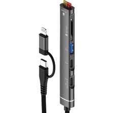 Apera NR43 5in1 Apple iPhone Uyumlu Hızlı Şarj Aleti Type-C Lightning Multi Girişli Hub Dock USB 3.0 Kart Okuyuculu