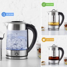 Karaca Cam Inox Bitki Çayı Demleme ve Su Isıtıcı Kettle LED Işıklı Yüksek Borosilikat Gövde Paslanmaz Çelik