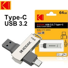 Kodak 64Gb.K273 Type-C ve USB 3.2 Type-C Girişli Tüm Cihazlara İphone Serisine Uygun ve İphone Dönüştürücü Hediye Yüksek Hızlı Usb Otg Flash Bellek Çift Giriş Metal Sağlam Orjinal