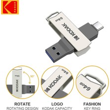 Kodak 64Gb.K273 Type-C ve USB 3.2 Type-C Girişli Tüm Cihazlara İphone 15/16 Serisine Uygun ve Yüksek Hızlı Usb Otg Flash Bellek Çift Giriş Metal Sağlam Orjinal