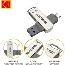 Kodak 256Gb.Type-C ve USB 3.2 Type-C Girişli Tüm Cihazlara İphone15/16 Serisine Uygun ve İphone Dönüştürücü Hediye Yüksek Hızlı Usb Otg Flash Bellek Çift Giriş Metal Sağlam Orjinal