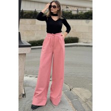 Kadın Pembe Duble Paça, Beli Pliseli, Fitilli Kaşe Kumaş, Ispanyol Pantolon
