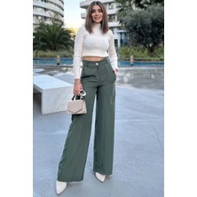 Kadın Haki Yüksek Bel, Cepli, Bol Paça Pantolon