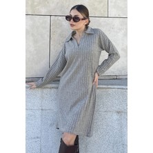 New Laviva Kadın Bej Polo Yaka, Kendinden Desenli, Basic Kalıp, Uzun Kollu Midi Triko Elbise