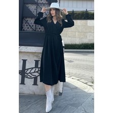 New Laviva Kadın Siyah Kruvaze Yaka, Yırtmaçlı, Beli Kuşaklı, Kol Bilekleri Lastikli, Salaş, Uzun Elbise