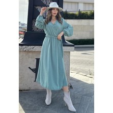 New Laviva Kadın Mint Kruvaze Yaka, Yırtmaçlı, Beli Kuşaklı, Kol Bilekleri Lastikli, Salaş, Uzun Elbise