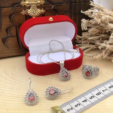 Sahra Gümüş Garnet Taşlı Damla Tasarım Telkari Gümüş Üçlü Set