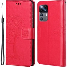 4U Sky Xiaomi 12T 5g/redmi K50 Ultra 5G/12T Pro 5g Pu Deri Deri Baskılı Baykuş Ağacı Desen Kılıf Anti-Çizelge Cüzdan Stand Manyetik Toka Kapak-Kırmızısı (Yurt Dışından)