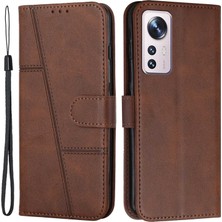 4U Sky Xiaomi Için 12 Lite 5g Pu Deri Koruyucu Telefon Kılıfı Destekleme Stand Basit Stil Baskılı Dikişli Cep Telefonu Kapak Strap-Brown ile (Yurt Dışından)