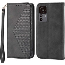 4U Sky Xiaomi Için 12T 5g/redmi K50 Ultra 5g Rhombus Desen Baskılı Pu Deri Stand Buzağı Dokusu Şok Geçirmez Telefon Cüzdan Kapağı Strap-Black (Yurt Dışından)