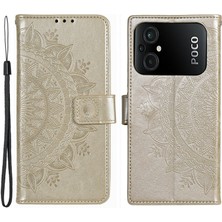 4U Sky Xiaomi Poco M5 4g Için Tpu+Pu Deri Telefon Kılıfı, Cüzdan Stand Baskılı Mandala Çiçek Desen Telefon Kapağı Strap-Gold ile (Yurt Dışından)