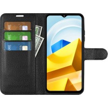 4U Sky Xiaomi Için Poco M5 Için 4g Folio Flip Telefon Kılıfı Litchi Doku Pu Deri Damla Damla Koruyucu Koruyucu Kapak Cüzdan Stand-Black (Yurt Dışından)