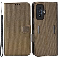 4U Sky Xiaomi Için Poco F4 Gt/redmı K50 Oyun Elmas Doku Cep Telefonu Katlanabilir Stand Pu Deri Telefon Kılıfı Strap-Brown ile Cüzdan Kabuğu (Yurt Dışından)