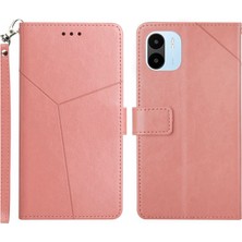 4U Sky Xiaomi Için Redmi A1 4g HT01 Pu Deri Baskı Y Şeklindeki Çizgiler Kasa Katlanabilir Stand Cüzdan Telefon Kapağı Kayış-Pembe (Yurt Dışından)