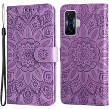 4U Sky Xiaomi Redmi K50 Gaming Için 5g/poco F4 Gt Manyetik Kapatma Pu Deri Kılıf Ayçiçeği Basılı Stand Flip Cüzdan Telefon Kapağı Strap-Purple ile (Yurt Dışından)