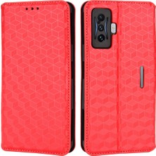 4U Sky Xiaomi Poco F4 Gt/redmi K50 Oyun, Baskılı Rhombus Desenine Dirençli Otomatik Emici Manyetik Anti-Fall Pu Deri Cüzdan Standı Kapak Kırmızısı (Yurt Dışından)