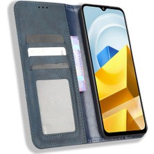 4U Sky Xiaomi Poco M5 Için 4g Şok Geçirmez Telefon Kasası Retro Pu Deri Otomatik Kapanış Manyetik Cüzdan Mavisi (Yurt Dışından)