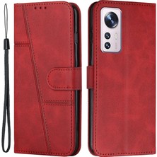 4U Sky Xiaomi Için 12 Lite 5g Pu Deri Koruyucu Telefon Kılıfı Destekleme Stand Basit Stil Baskılı Dikişli Cep Telefonu Kapak Strap-Red ile (Yurt Dışından)